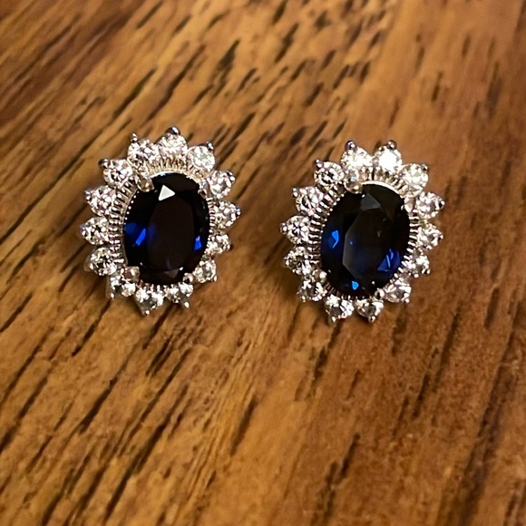 Jewelry - Elegant Sapphire Push Back Halo Stud Earrings 14K White Gold Finish